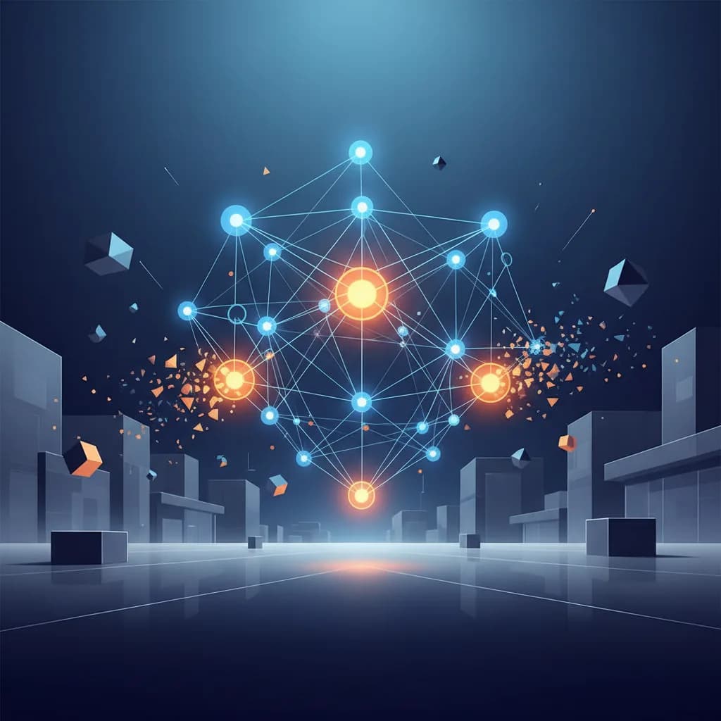Ilustración abstracta de transformación empresarial con IA: red de nodos digitales brillantes sobre paisaje corporativo