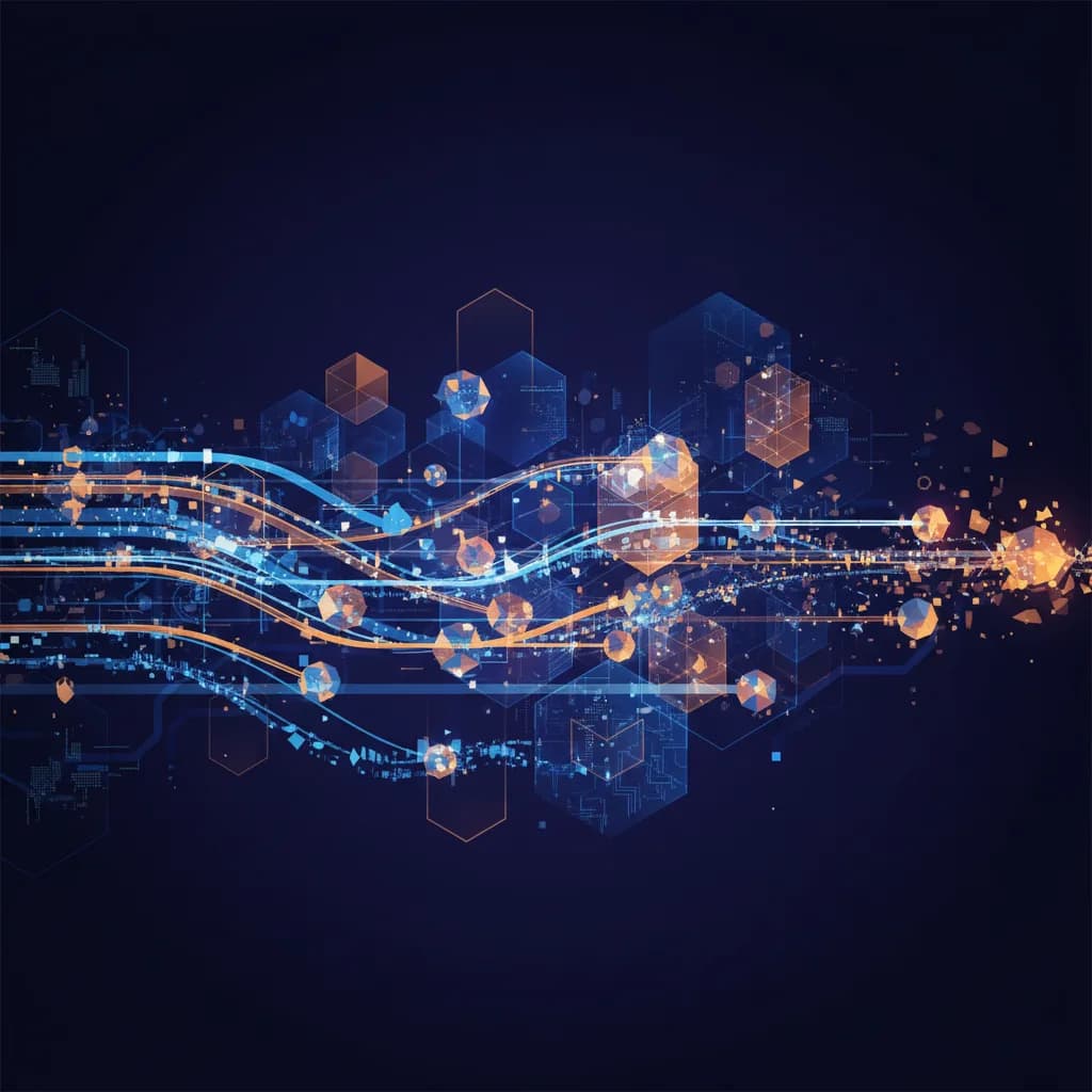 Ilustración abstracta de infraestructura AI global con flujos de datos azules y naranjas a través de nodos interconectados