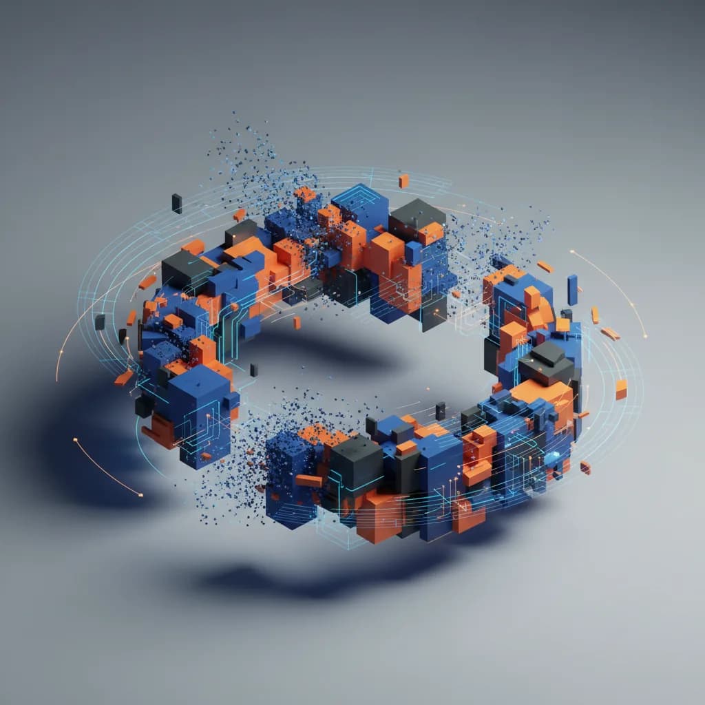 Ilustración abstracta de bloques de código fragmentándose y reformándose, representando refactorización de IA