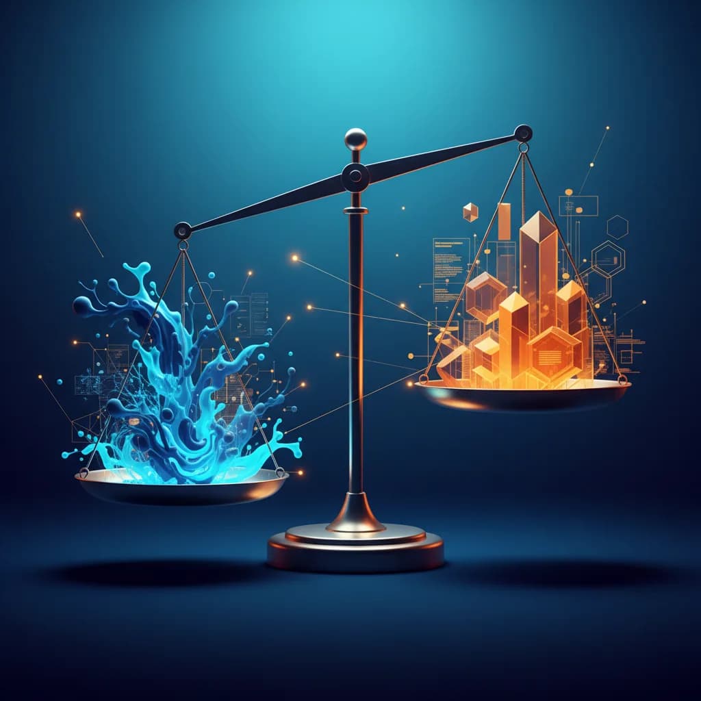 Ilustración conceptual de equilibrio entre innovación IA y prácticas probadas en desarrollo de software empresarial