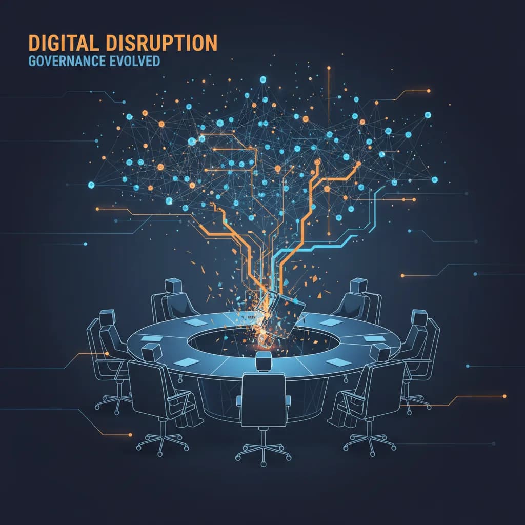 Ilustración editorial abstracta sobre crisis corporativa en empresa de inteligencia artificial con formas geométricas