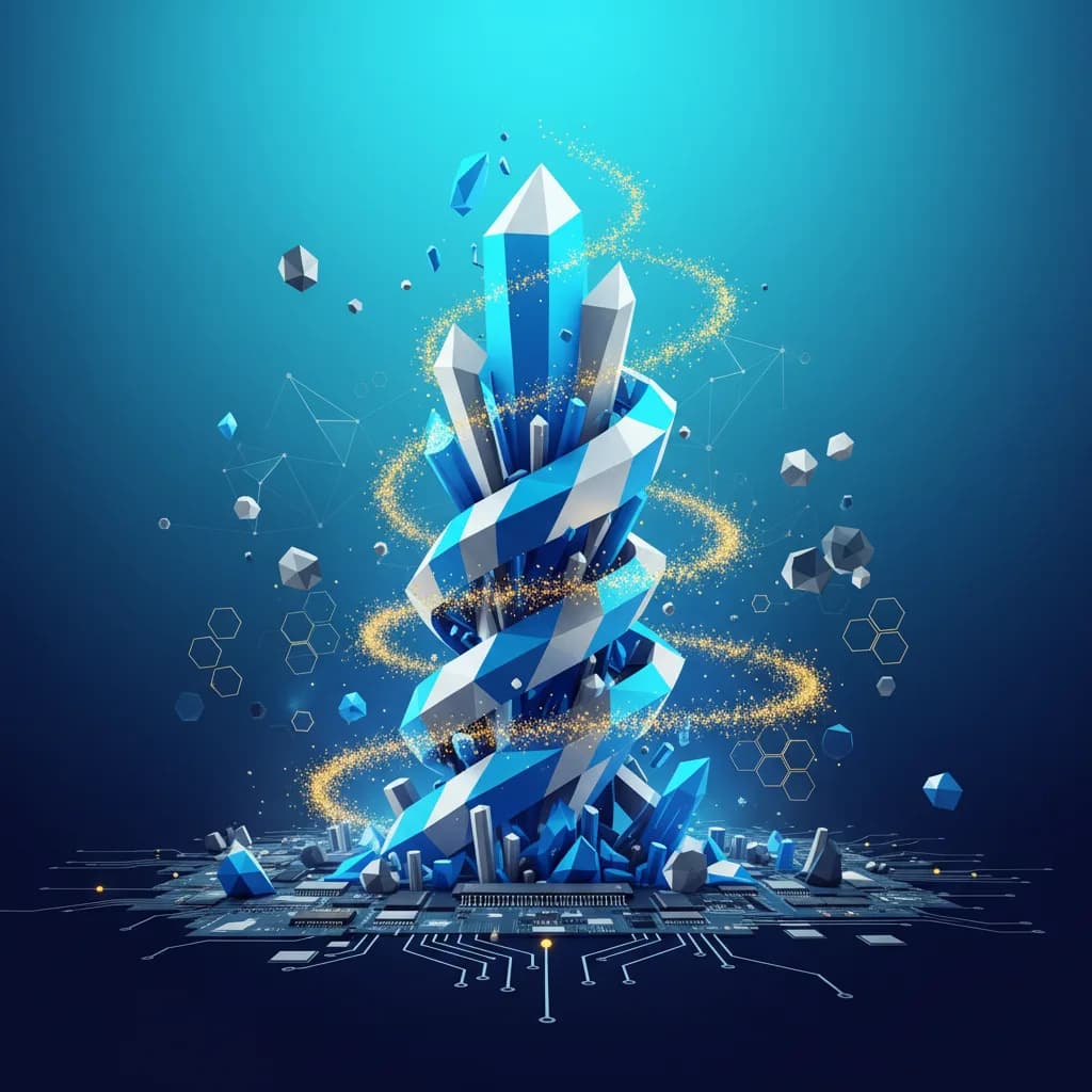 Ilustración abstracta de centro de datos con cristales geométricos y flujos de datos dorados representando inversión AI