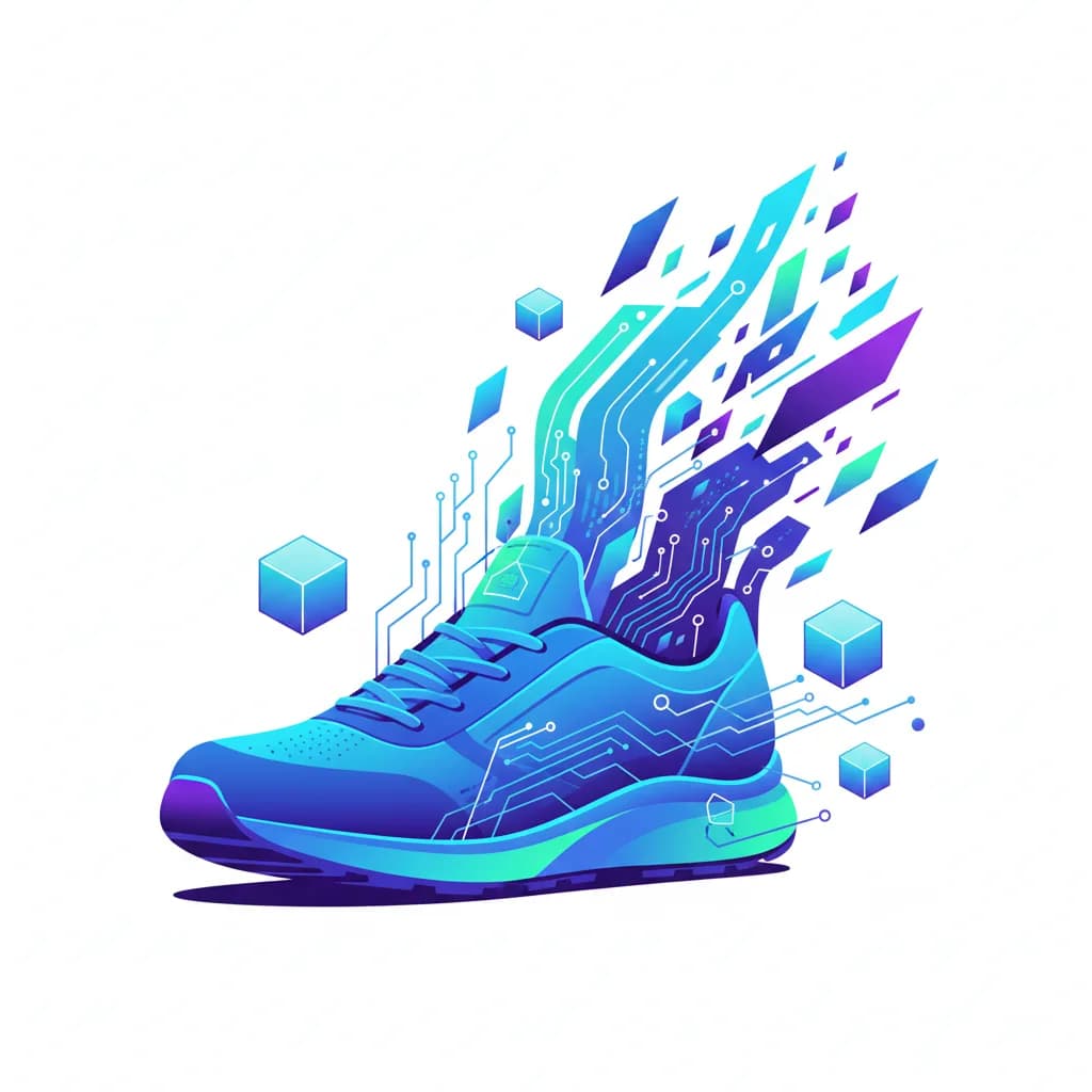 Ilustración abstracta de transformación digital mostrando zapato que se convierte en redes de IA y datos