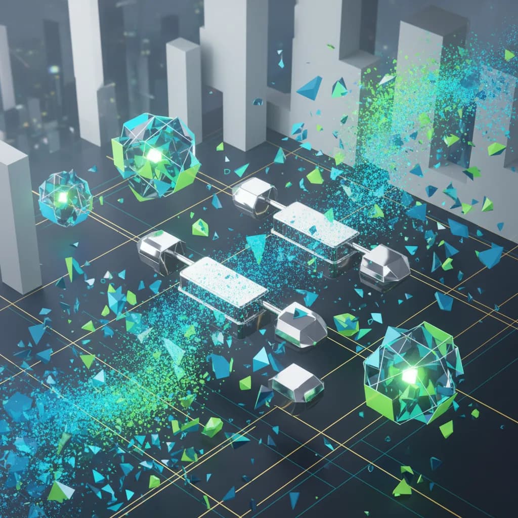 Ilustración abstracta de flujos de datos transformándose en formas cristalinas organizadas con colores vibrantes