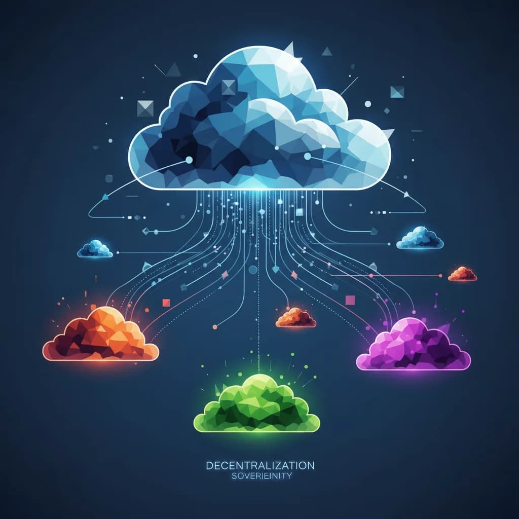 Ilustración conceptual de migración digital con flujos de datos moviéndose hacia nubes regionales diversas