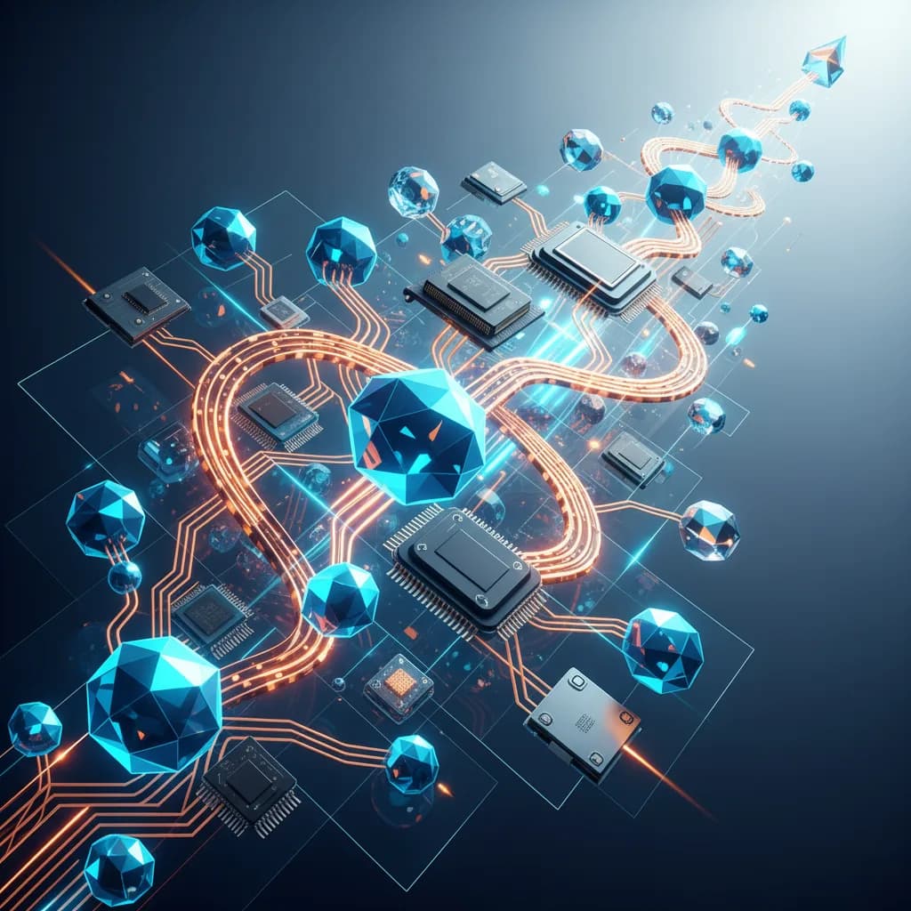 Ilustración abstracta de redes neuronales interconectadas con componentes de hardware, representando optimización de IA
