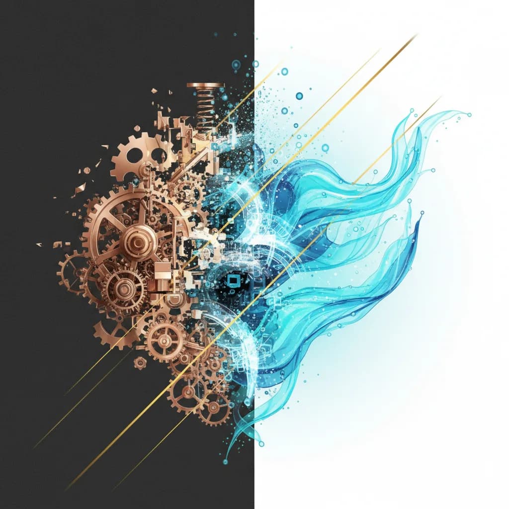 Ilustración abstracta de transformación digital con engranajes mecánicos disolviéndose en flujos luminosos de datos