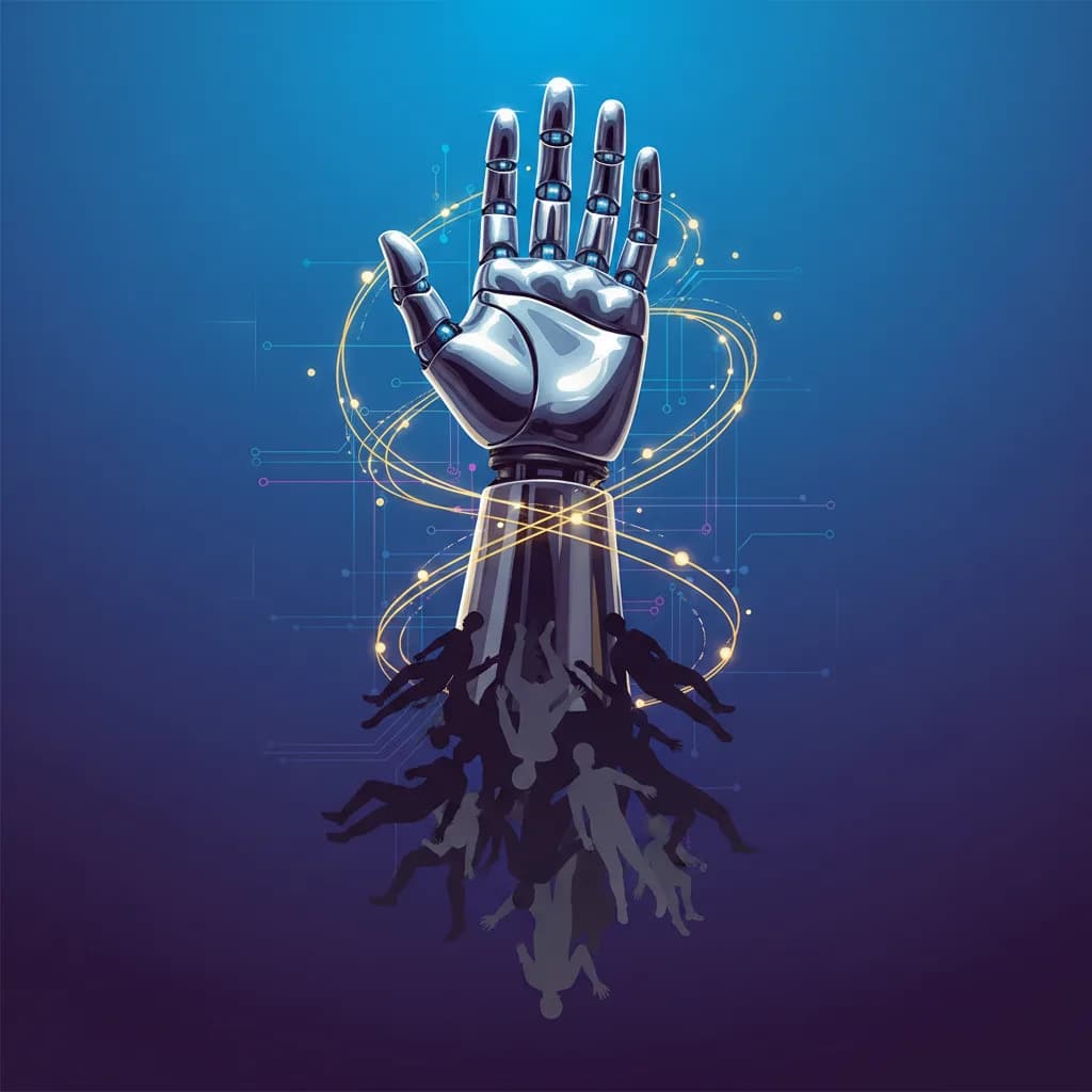 Ilustración conceptual de mano robótica y sombras humanas representando el impacto de la IA en el empleo