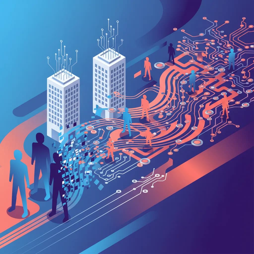 Ilustración abstracta sobre impacto de la IA en empleos tecnológicos y transformación empresarial en España