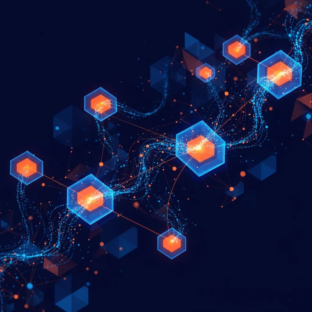 Ilustración abstracta de nodos interconectados y flujos de datos representando agregación de noticias con IA