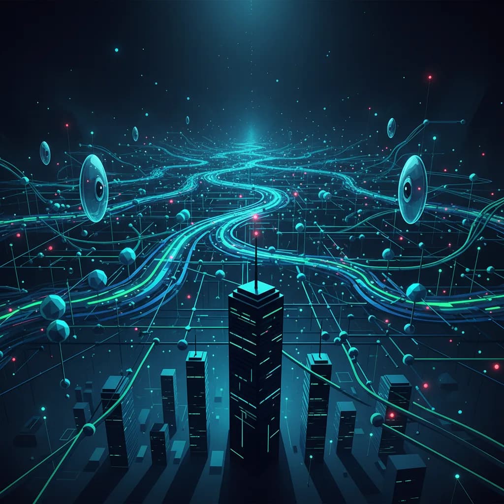 Ilustración abstracta de red digital con elementos de vigilancia web y torres corporativas observando flujos de datos