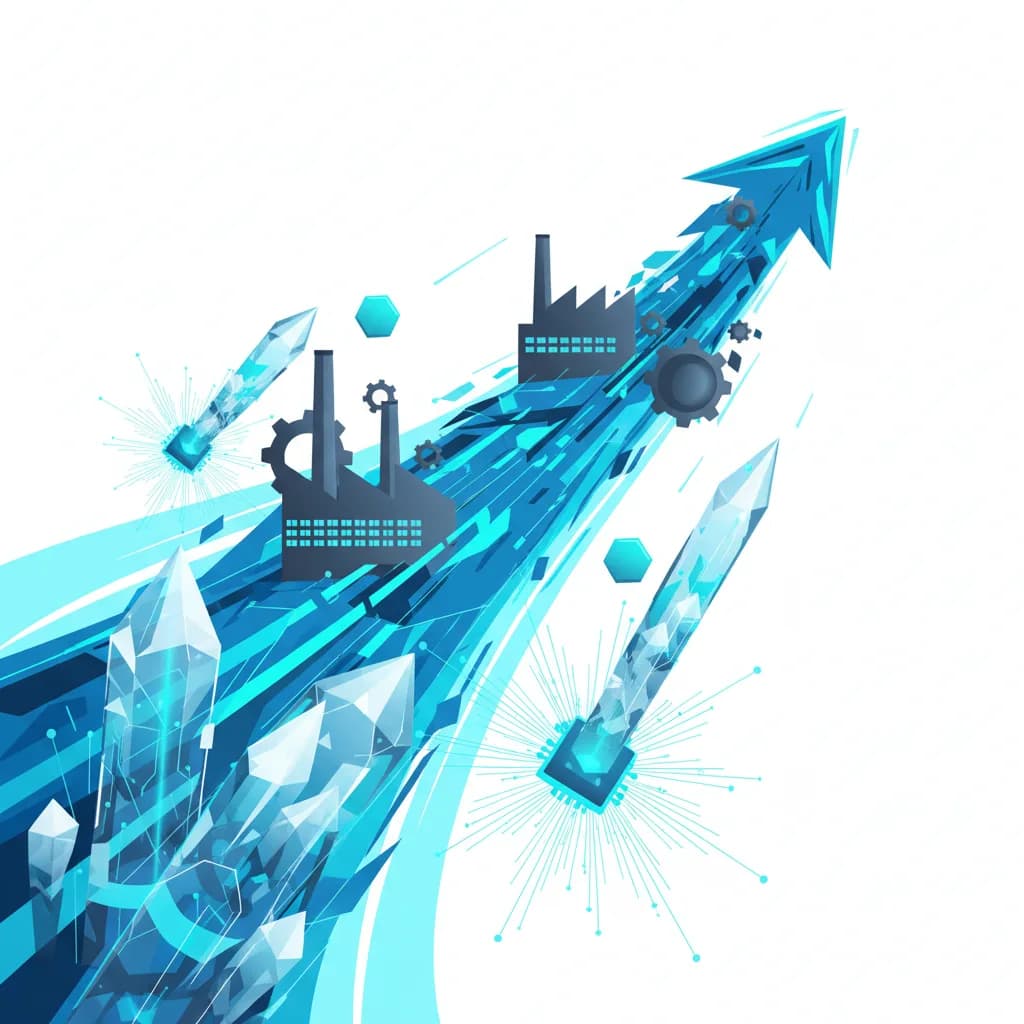 Ilustración abstracta de transformación digital industrial con flujos de datos y estructuras computacionales