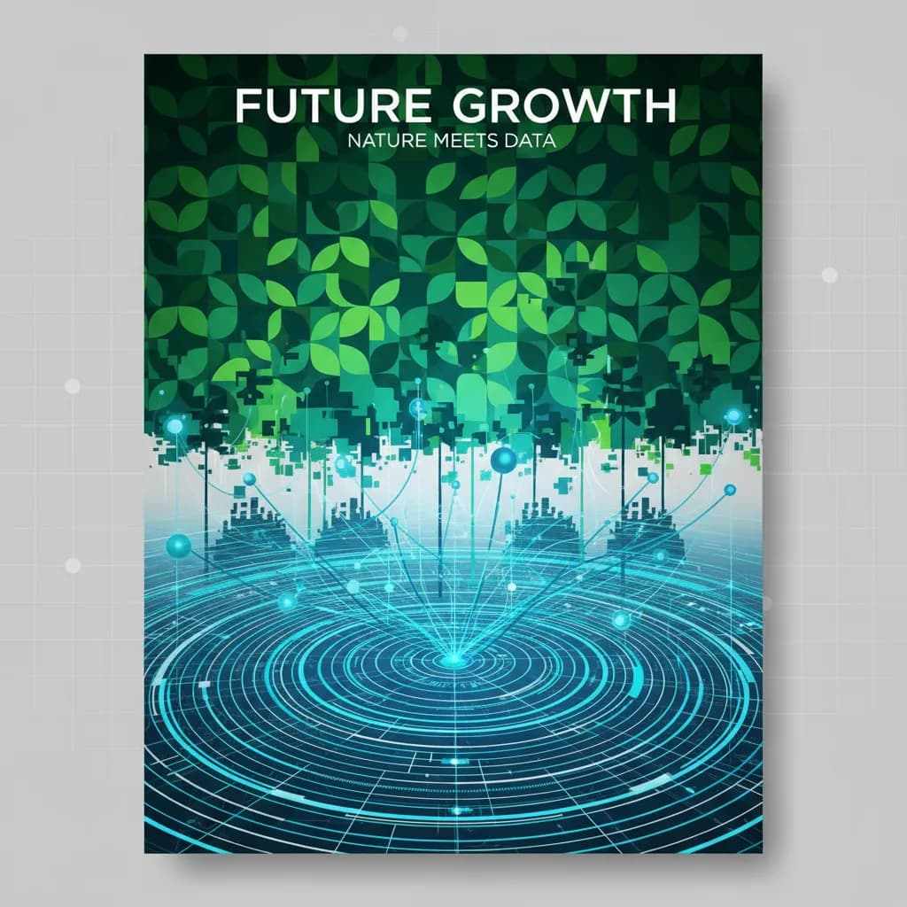 Ilustración abstracta de tecnología satelital y conservación forestal con elementos geométricos verdes y azules