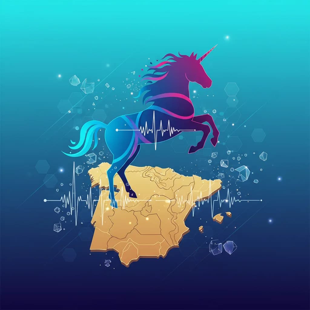 Ilustración abstracta de unicornio de IA con ondas sonoras sobre mapa de España en colores vibrantes