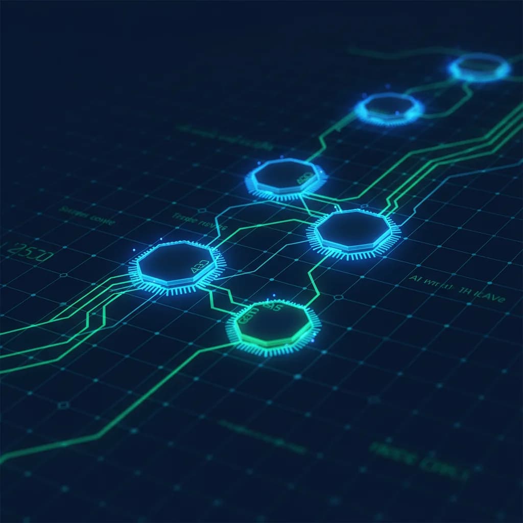 Ilustración abstracta de red energética inteligente con nodos geométricos y flujos adaptativos en azul y verde