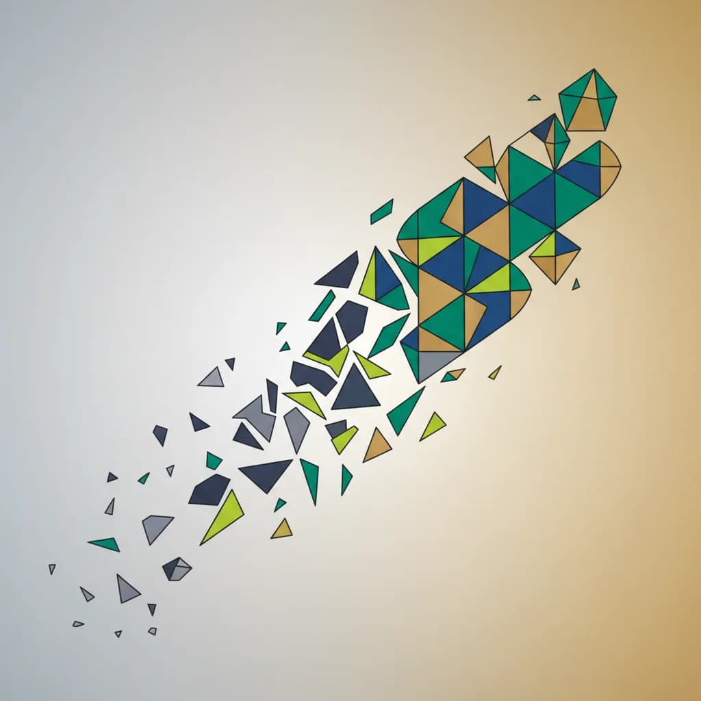 Ilustración conceptual de transformación empresarial con formas geométricas evolucionando de fragmentos a estructura sólida