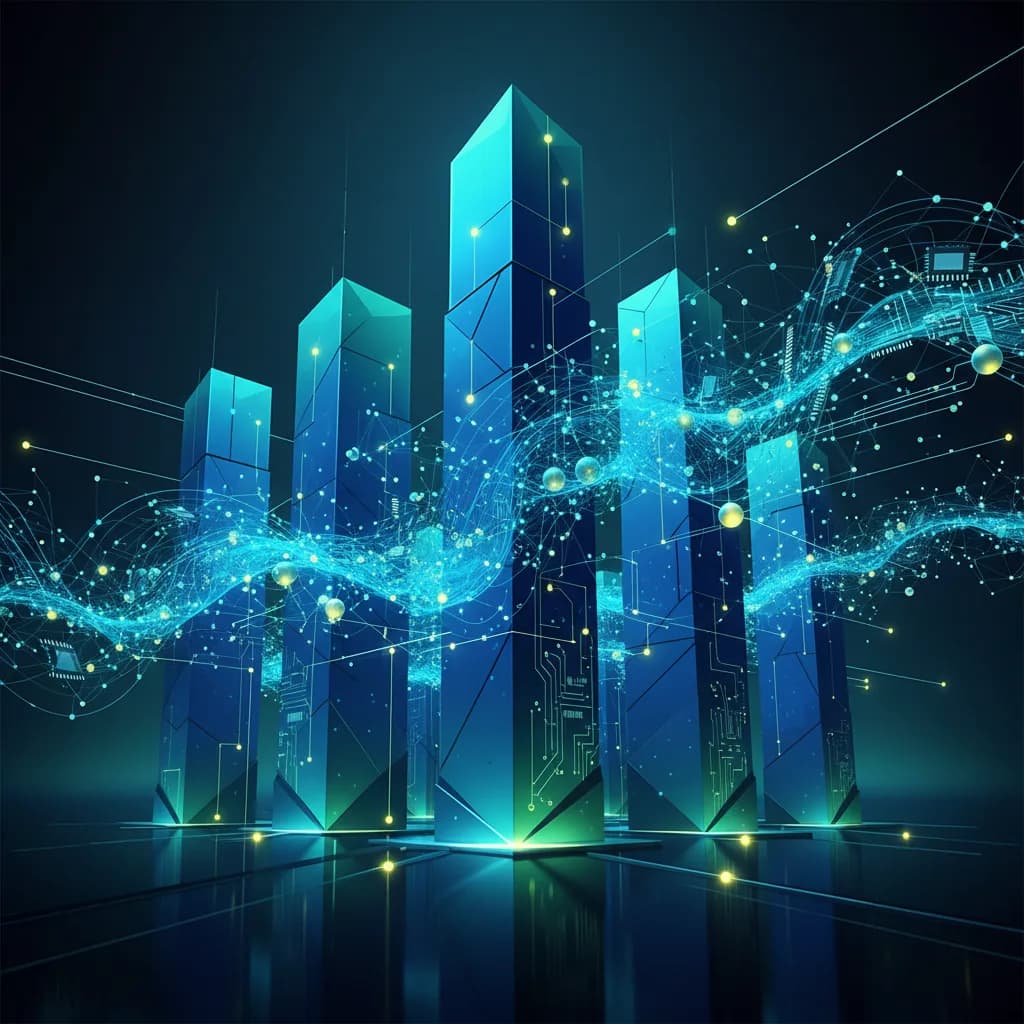 Ilustración abstracta de centros de datos AI con redes neuronales y circuitos, representando inversión tecnológica