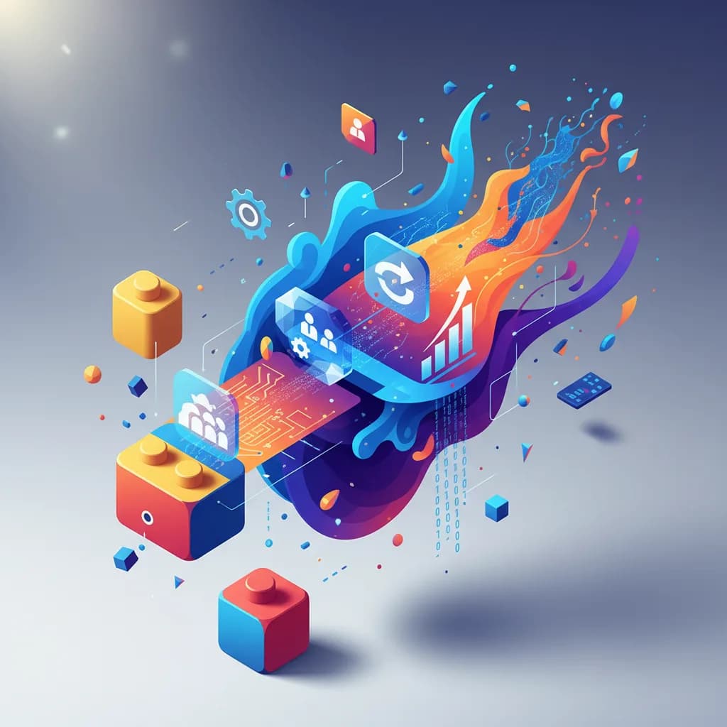 Ilustración abstracta de transformación digital empresarial con formas geométricas y redes neuronales en azul y naranja