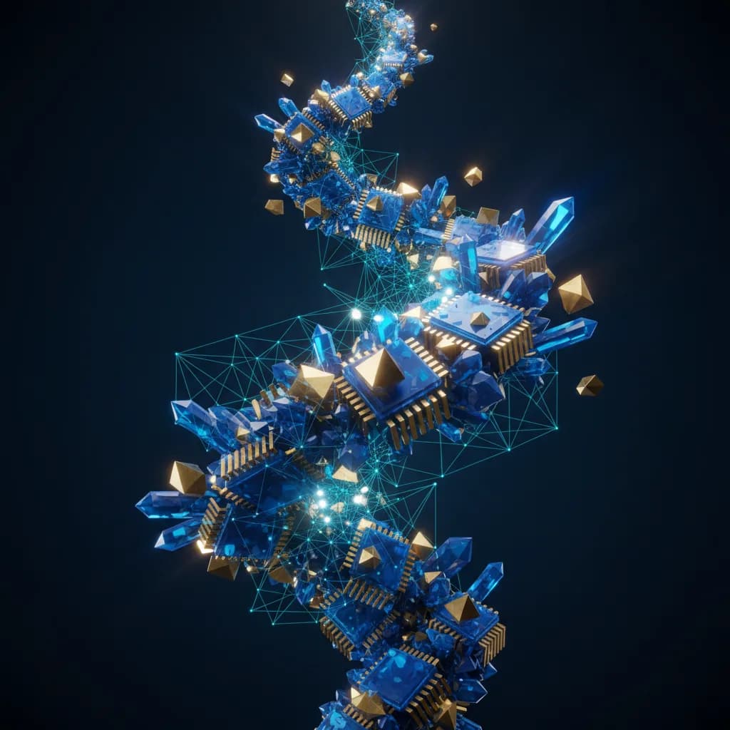 Ilustración abstracta de chips semiconductores interconectados con patrones de redes neuronales en azul y dorado