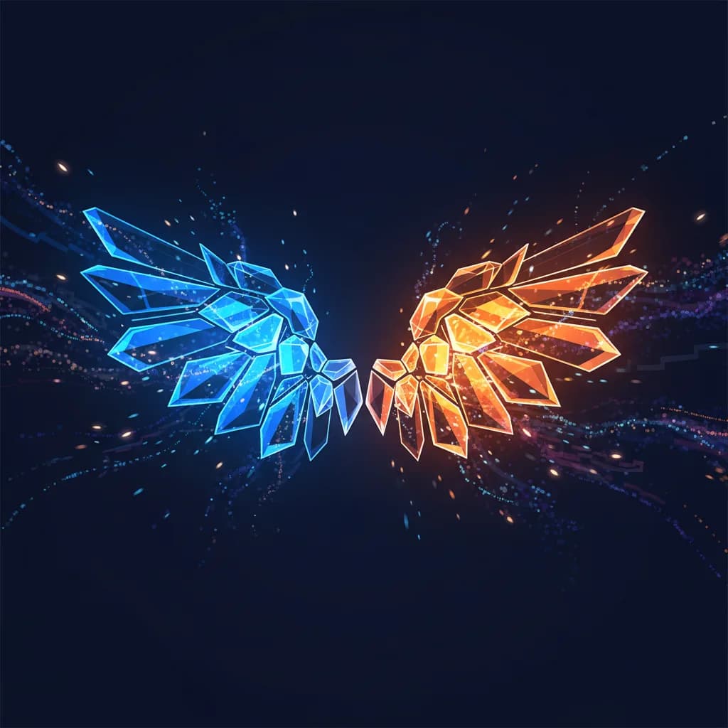 Ilustración abstracta de un ala de cristal fragmentada con luces azules y ámbar representando la paradoja de seguridad de IA