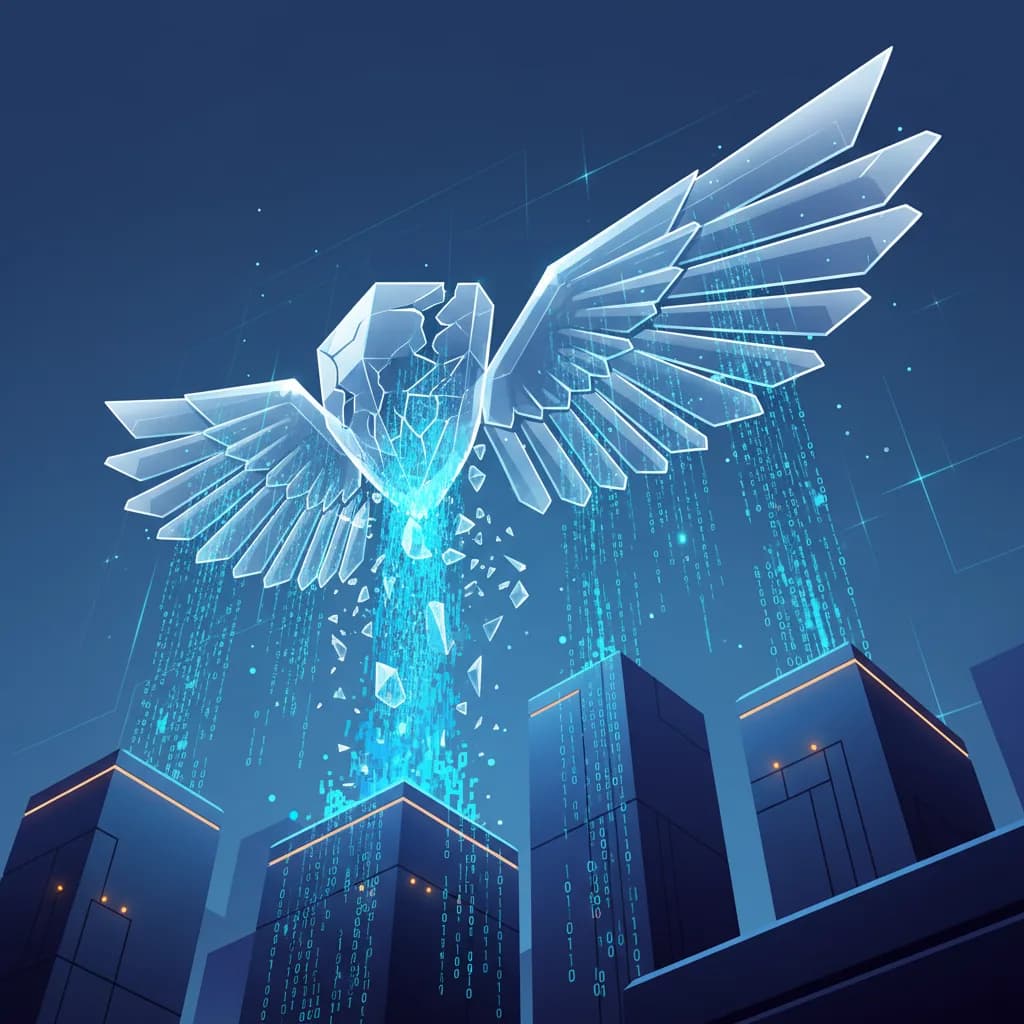 Ilustración abstracta de un ala de cristal fragmentada con flujos de código digital sobre torres corporativas