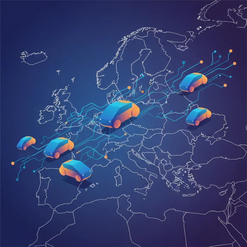 Ilustración abstracta de vehículos autónomos conectados sobre mapa europeo con patrones de redes neuronales