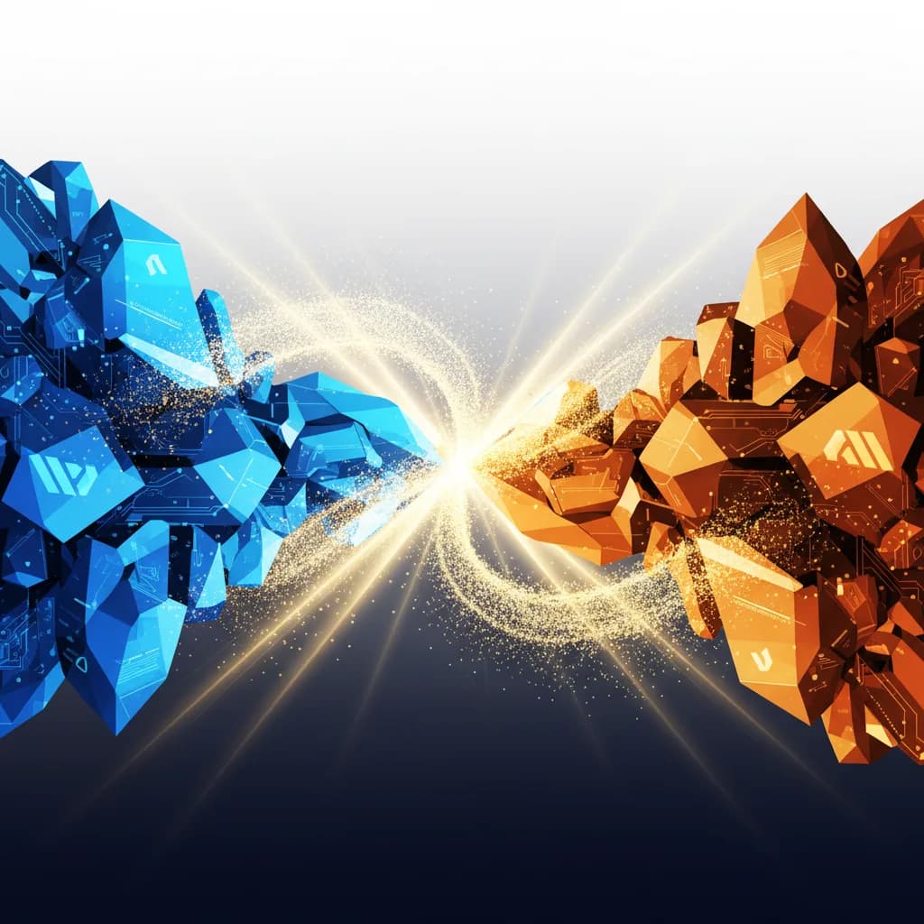 Ilustración abstracta de estructuras cristalinas conectándose, representando alianza tecnológica Meta-Broadcom