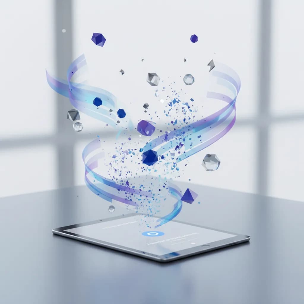 Ilustración editorial abstracta mostrando elementos de IA que se desvanecen en un espacio de trabajo minimalista