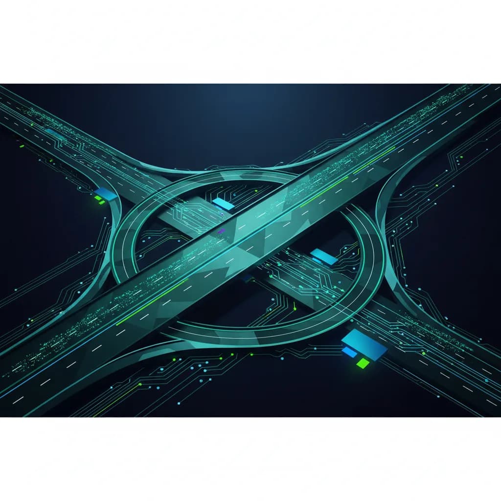 Ilustración abstracta de carreteras digitales y circuitos neurales representando la expansión de IA en conducción autónoma