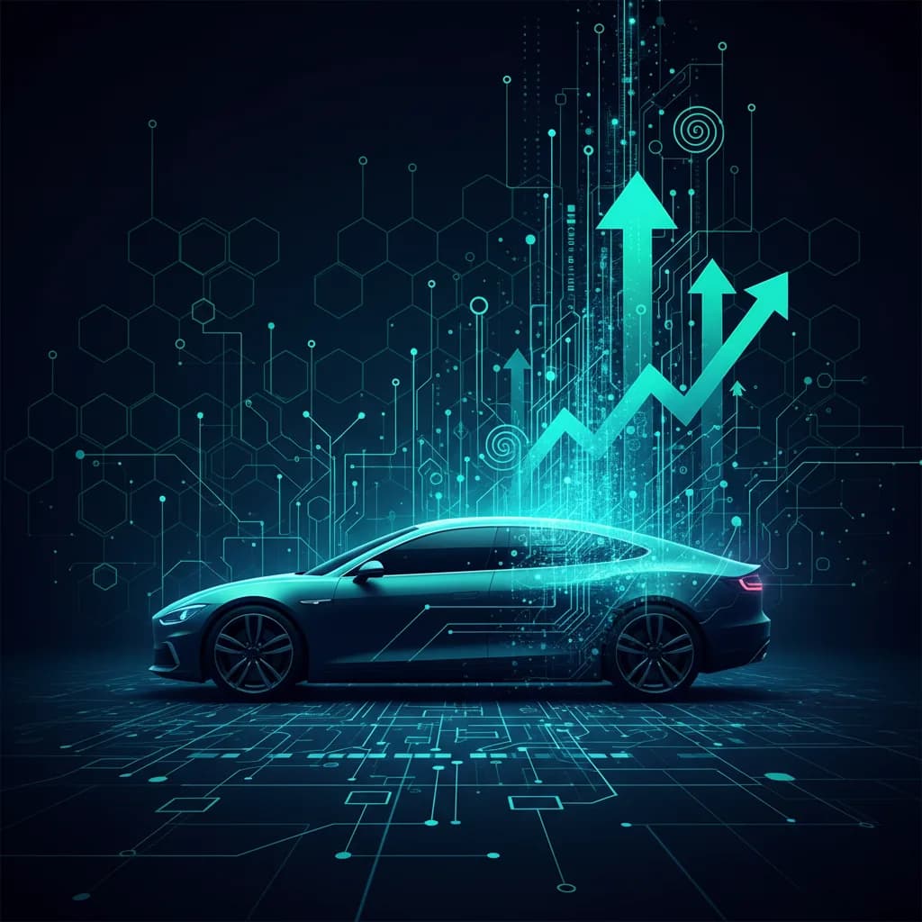 Ilustración abstracta de vehículo eléctrico transformándose en patrones de IA con colores vibrantes