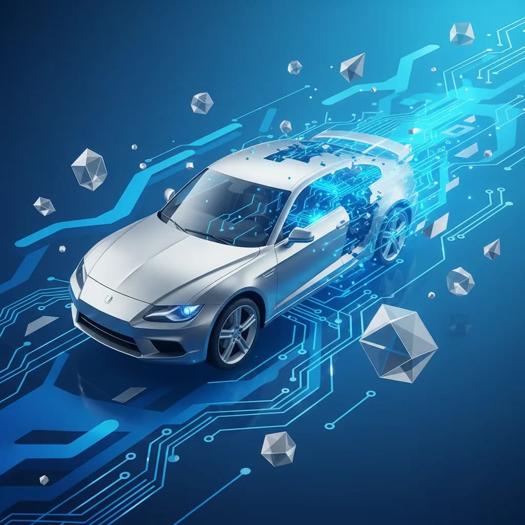 Ilustración abstracta de automóviles transformándose en redes digitales con colores azul y plateado