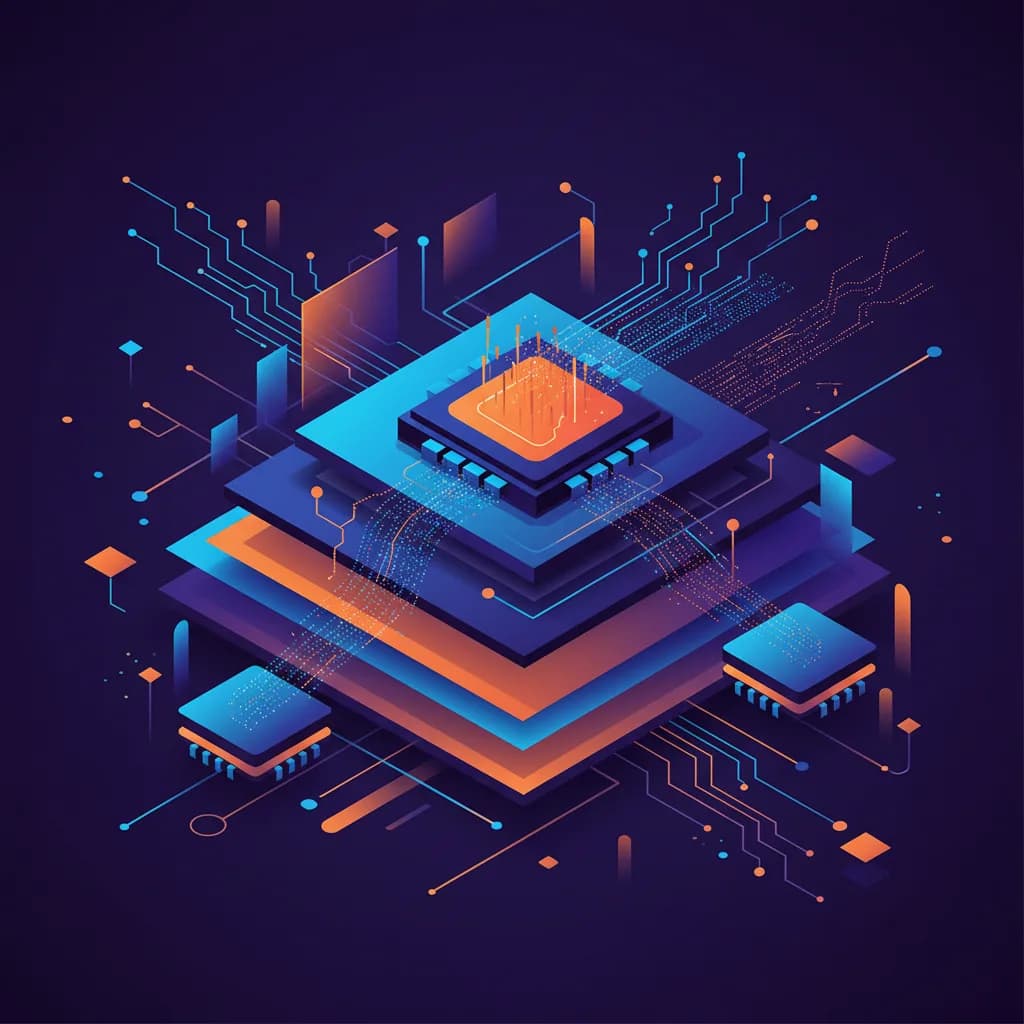 Ilustración abstracta de redes tecnológicas interconectadas con formas geométricas en azul y naranja representando IA