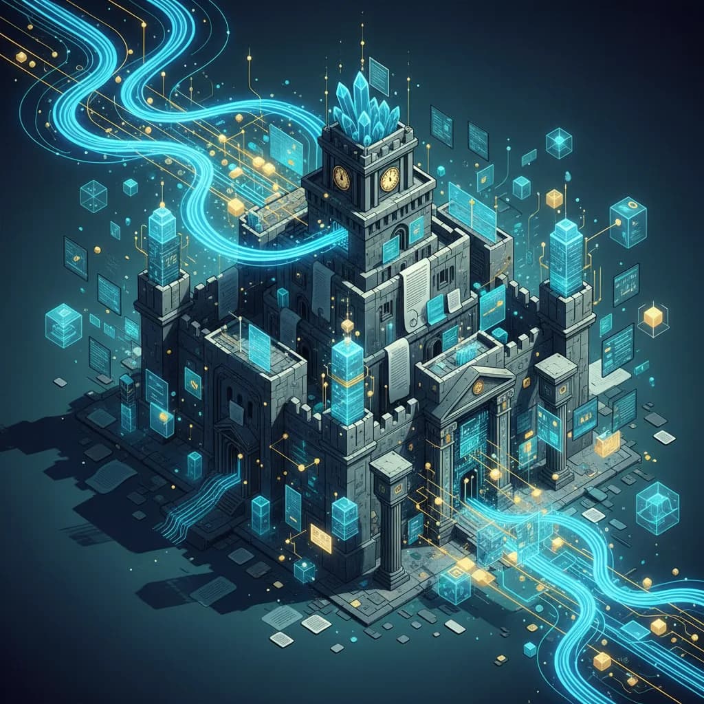 Ilustración abstracta mostrando transformación digital con IA en sector legal mediante formas geométricas modernas