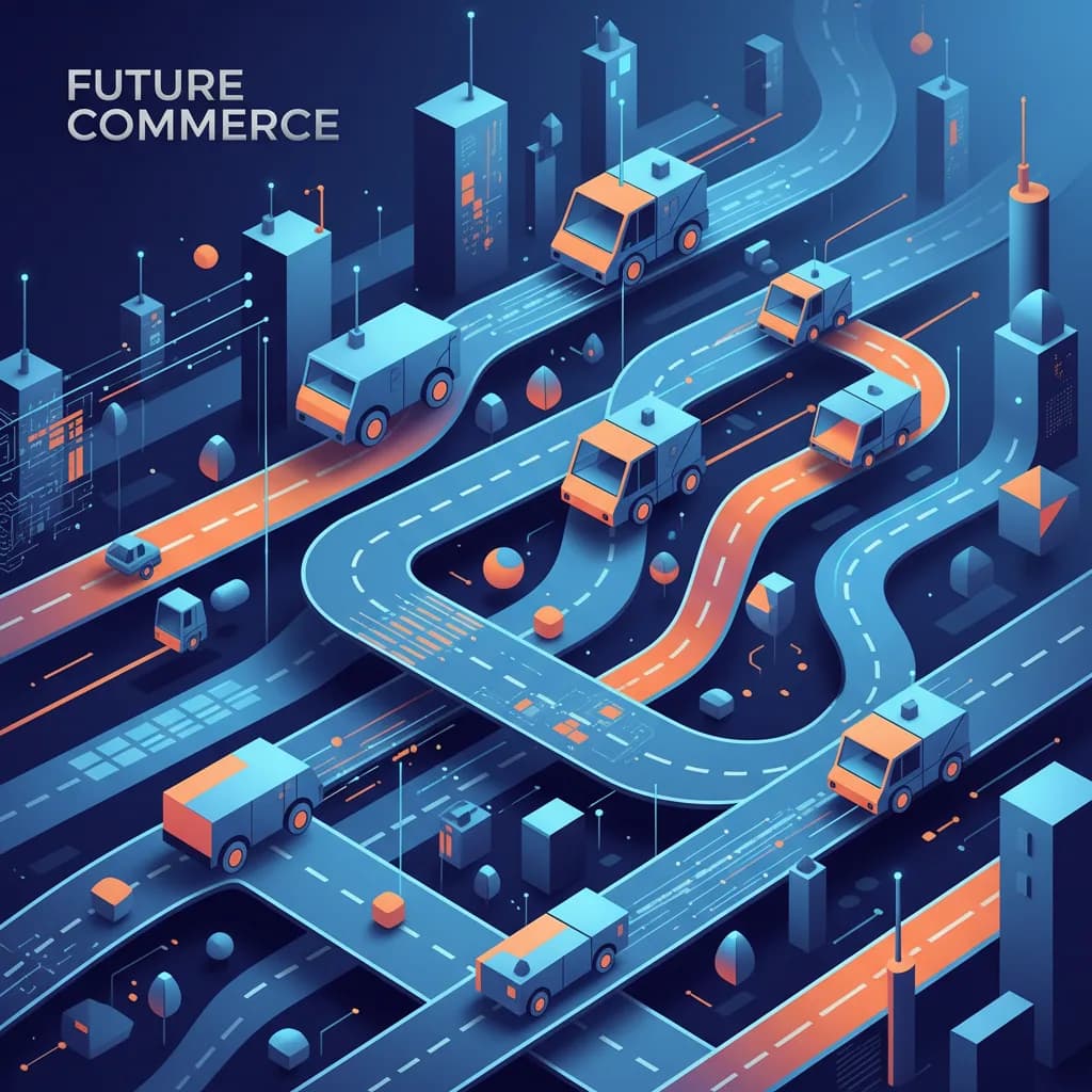 Ilustración editorial abstracta sobre vehículos autónomos y tecnología de transporte inteligente en colores vibrantes