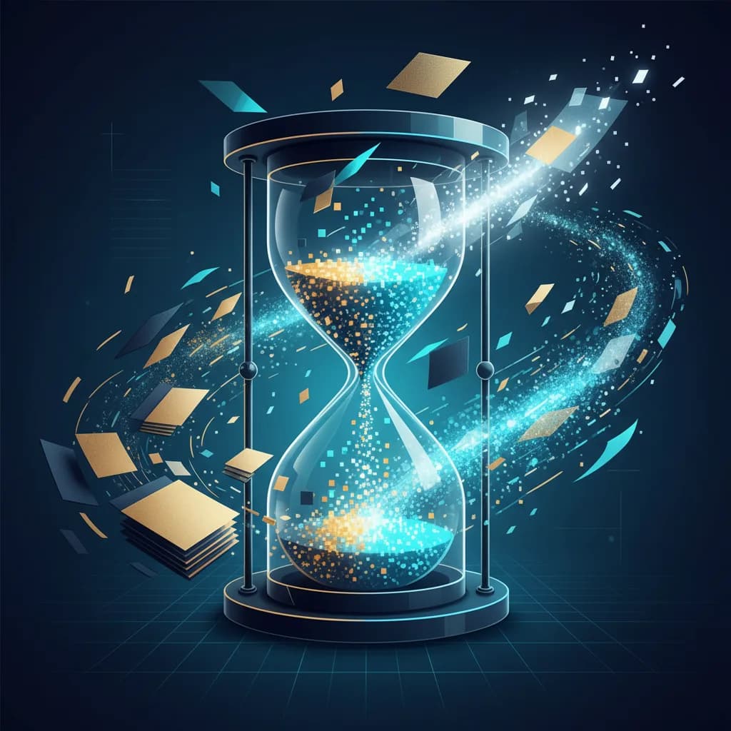 Ilustración abstracta de transformación digital con reloj de arena y documentos convirtiéndose en datos luminosos