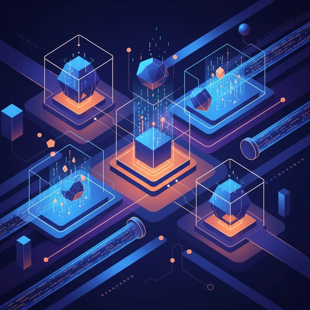 Ilustración abstracta de flujos de datos seguros con barreras geométricas y elementos tecnológicos en colores vibrantes