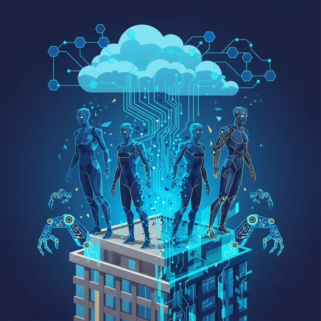 Ilustración abstracta sobre transformación empresarial con IA, figuras geométricas y redes neuronales en azul eléctrico