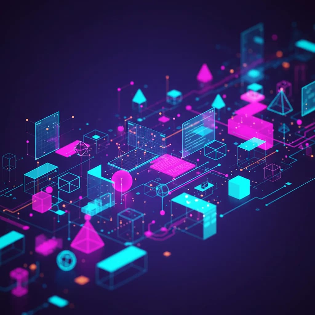 Ilustración abstracta de widgets digitales flotantes con colores neón representando innovación tecnológica