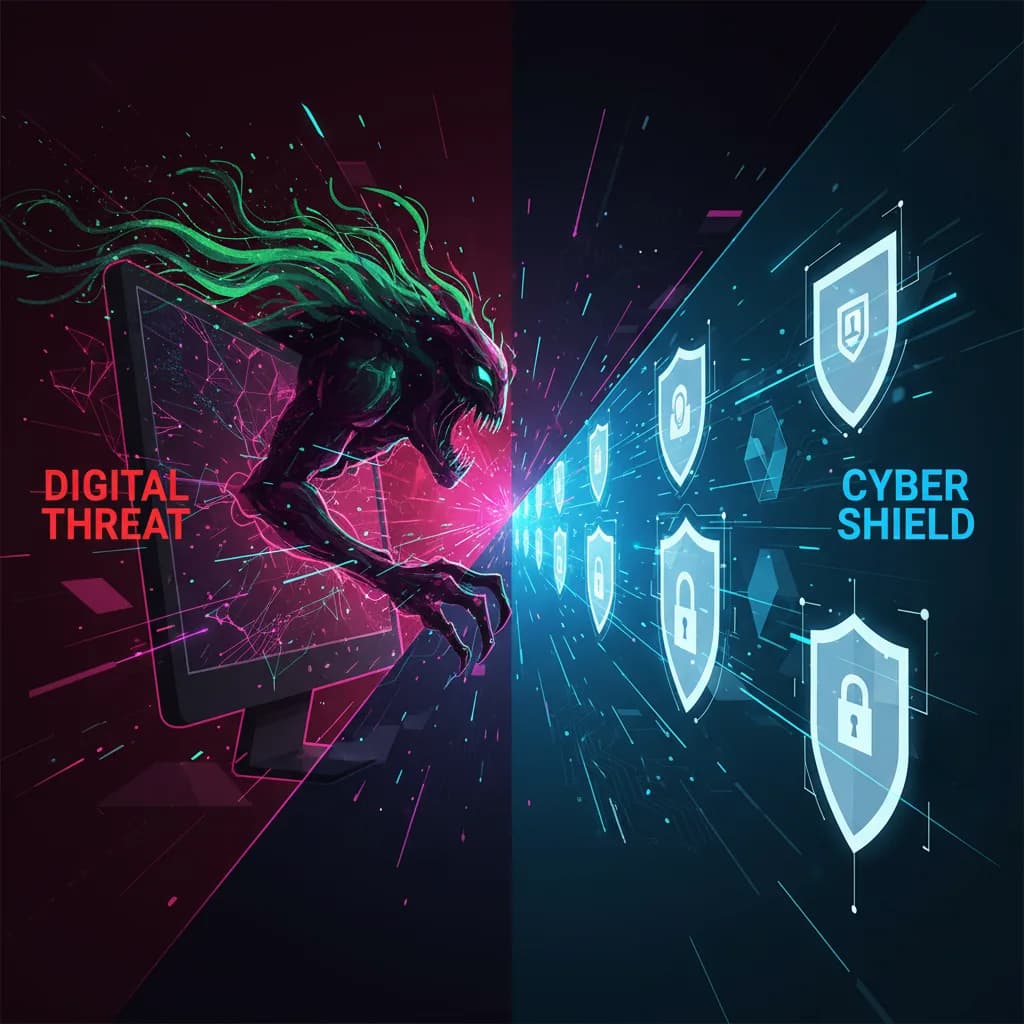 Ilustración conceptual de ciberataque con inteligencia artificial mostrando entidades digitales amenazantes