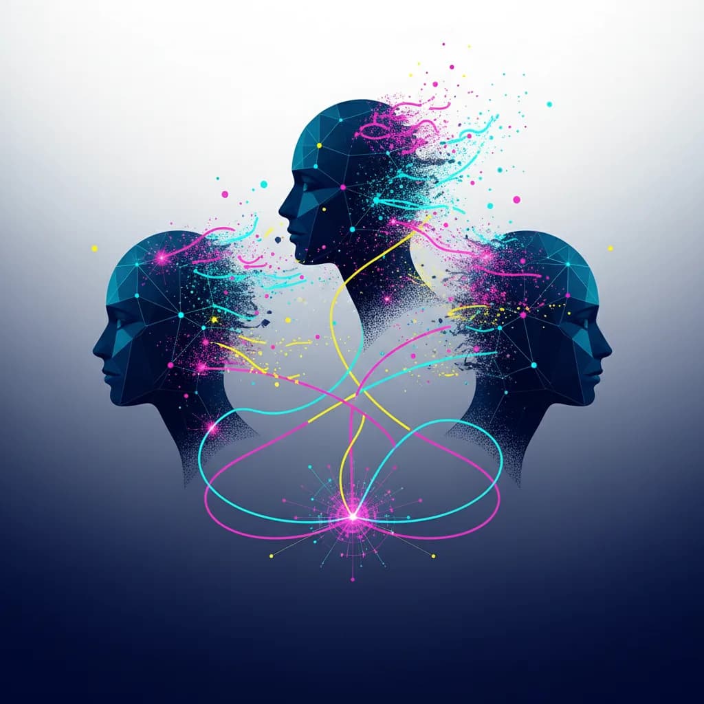 Ilustración editorial abstracta de tres retratos geométricos transformándose en partículas digitales vibrantes