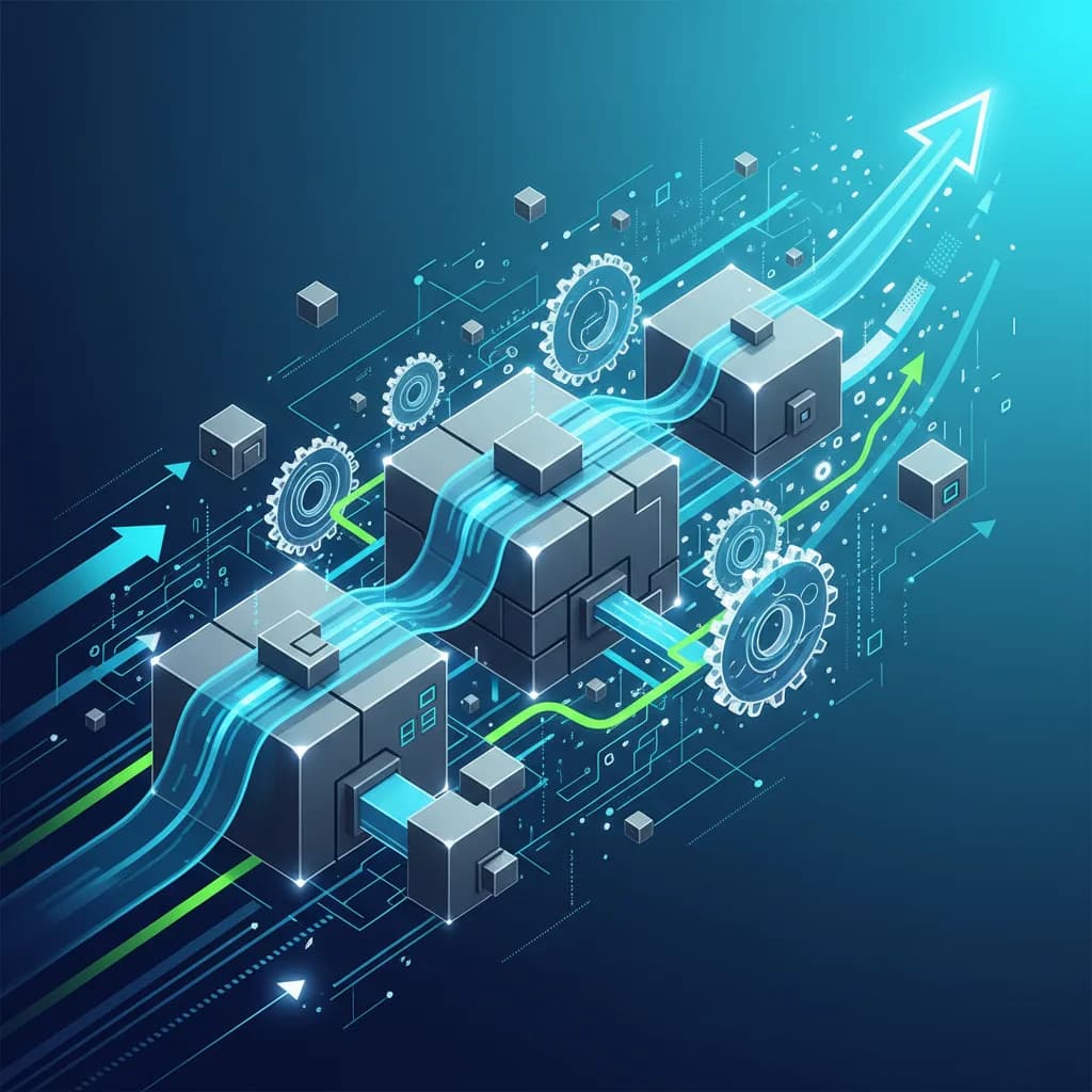 Ilustración abstracta de redes logísticas inteligentes con formas geométricas conectadas y flujos de datos