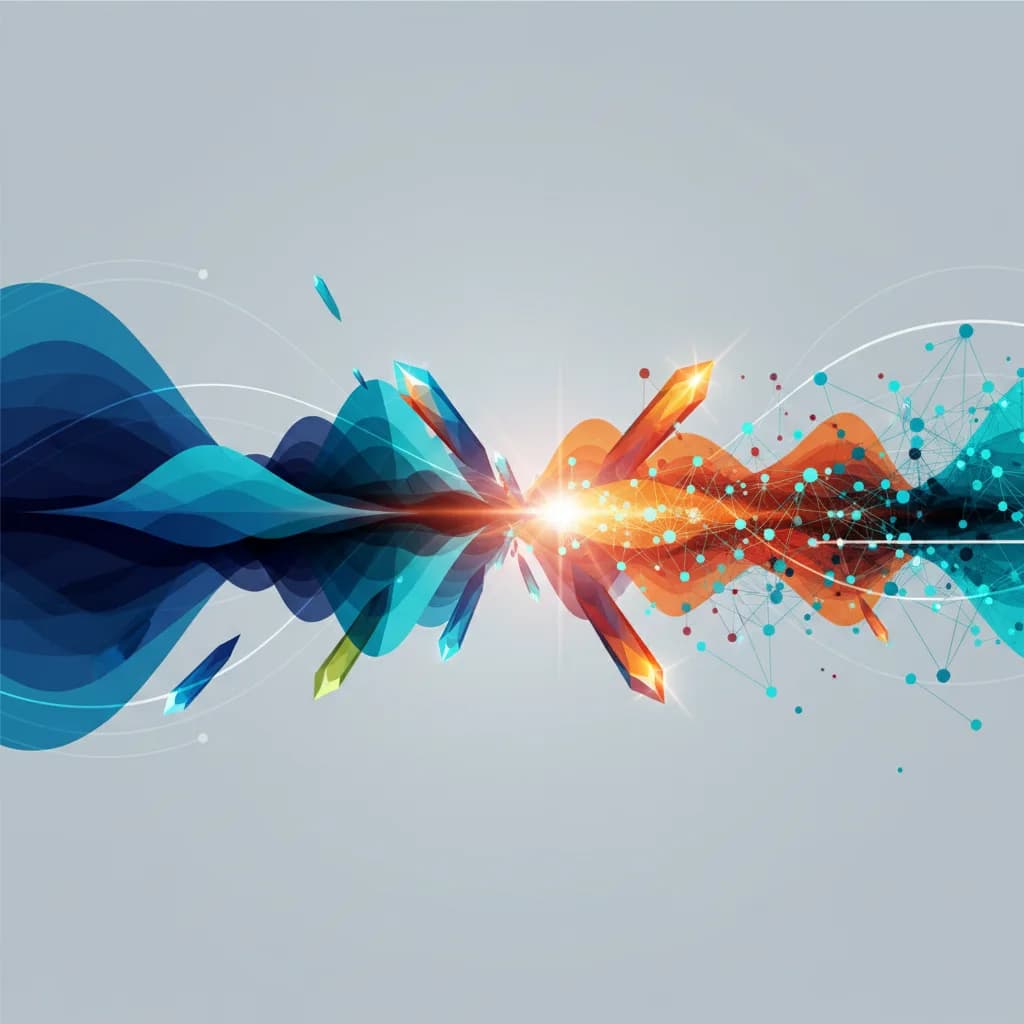 Ilustración abstracta de ondas sísmicas transformándose en redes neuronales con colores vibrantes y formas geométricas
