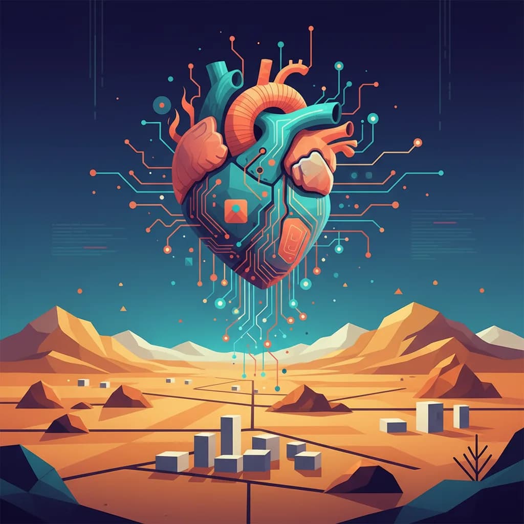 Ilustración editorial de corazón digital con patrones de circuitos conectando comunidades rurales australianas