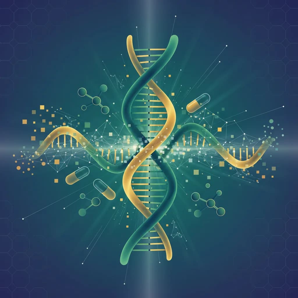 Ilustración abstracta de tecnología de bienestar personalizado con espirales de ADN y visualización de datos