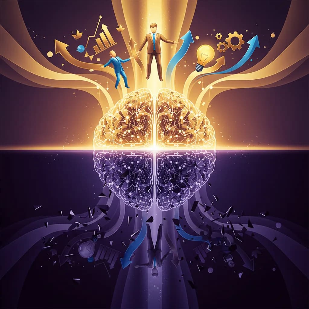 Ilustración abstracta de IA dividiendo empresas entre éxito y declive con colores vibrantes