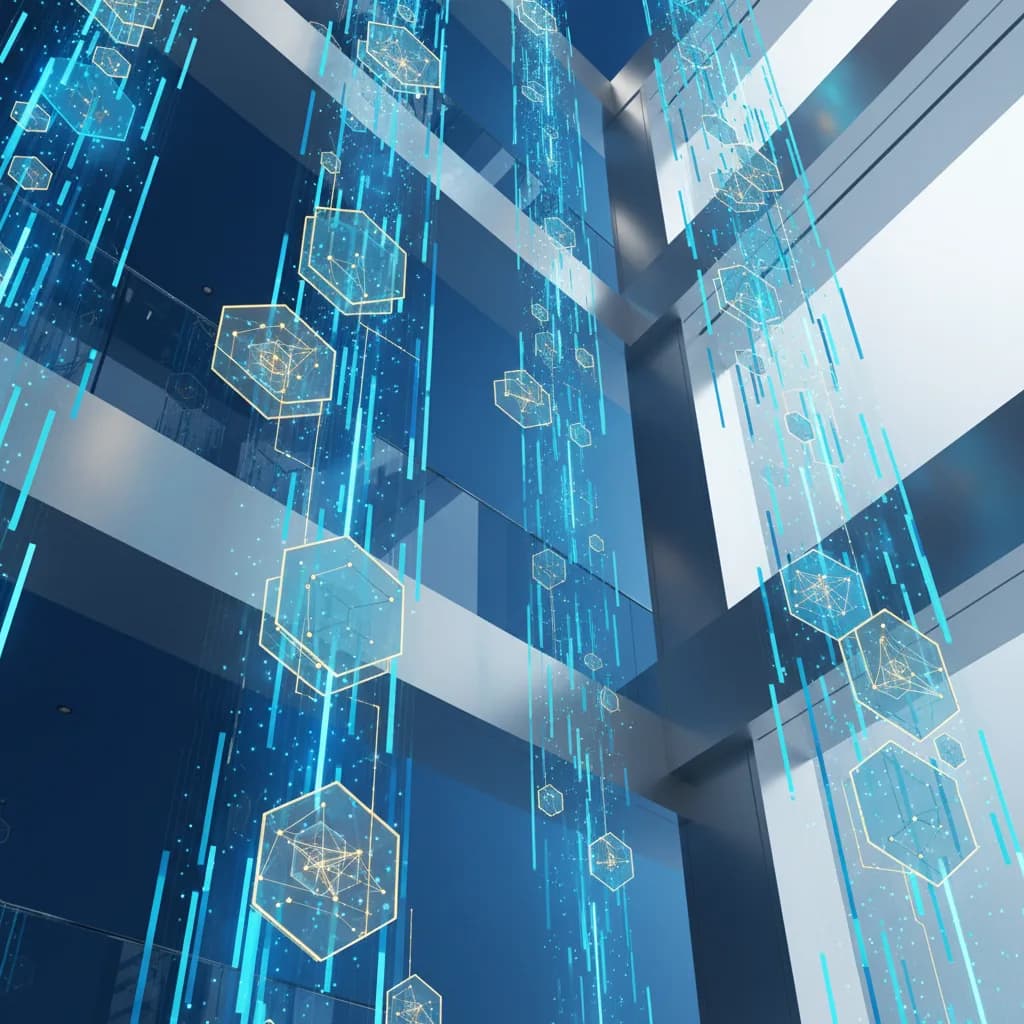 Ilustración abstracta de flujos de datos e IA representando transformación digital empresarial en colores azul y dorado