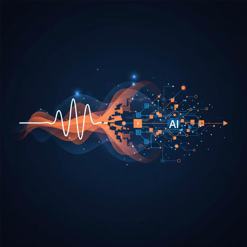 Ilustración abstracta de ondas sonoras transformándose en flujos de datos digitales en colores azul y naranja