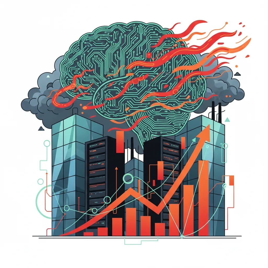 Ilustración abstracta de IA consumiendo objetivos climáticos con torres de servidores y emisiones digitales