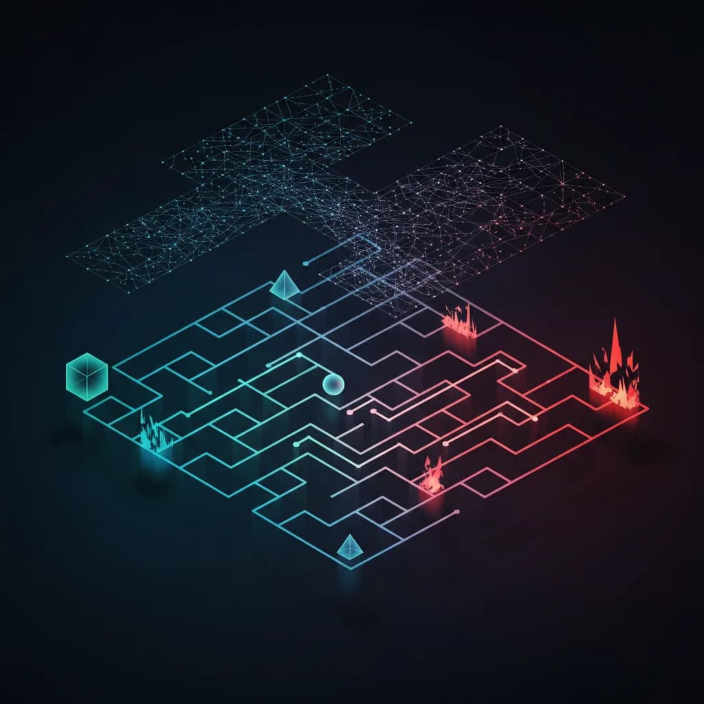 Ilustración conceptual de un laberinto digital con caminos seguros y peligrosos, representando errores de IA