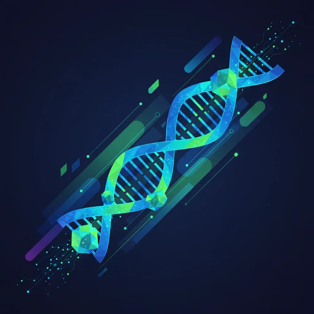 Ilustración editorial abstracta de estructuras de ADN transformándose en proteínas con elementos tecnológicos